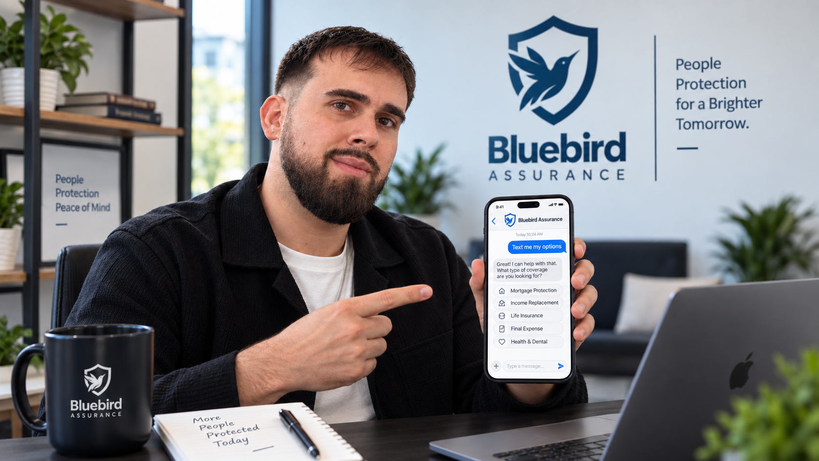 Mathew Garcia Cordeiro, licensed Ontario life and A&S insurance agent behind Bluebird Assurance, showing a Bluebird Assurance text conversation on a phone